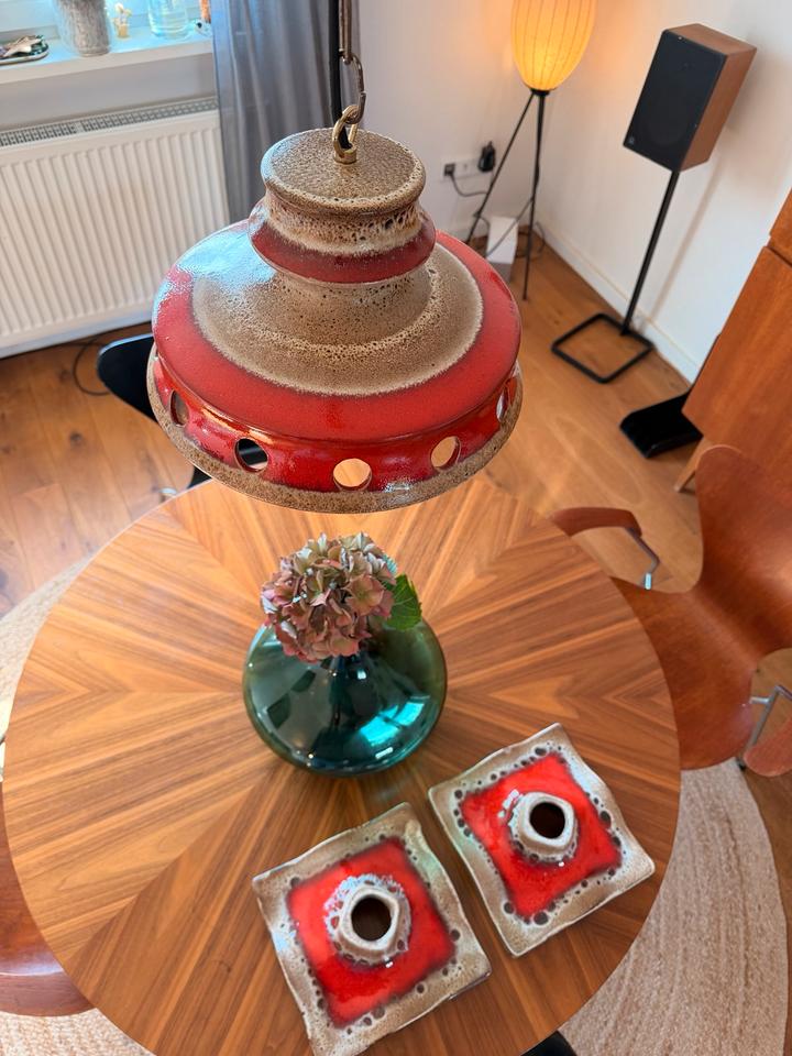 Vintage 70er Hustadt Keramik Hängelampe Fat Lava Rot + Wandlampen