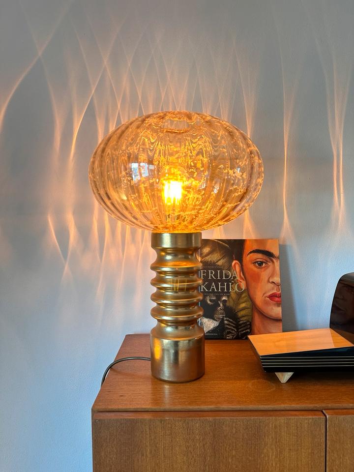 XL Vintage Tischlampe Mushroom Hollywood Regency 70er Gold Glas