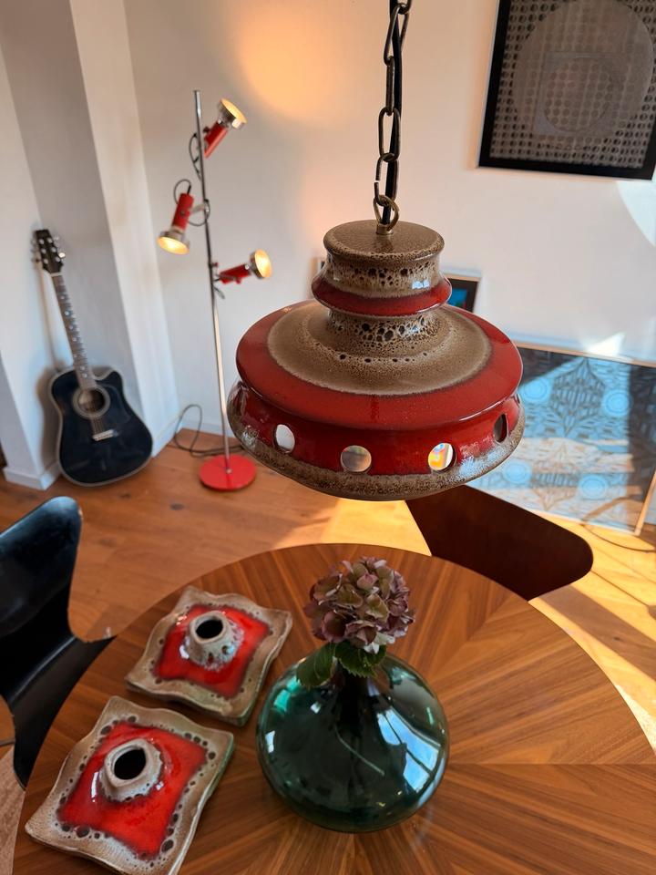Vintage 70er Hustadt Keramik Hängelampe Fat Lava Rot + Wandlampen – Ansicht 3